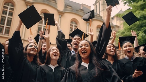 A group of cheerful graduates holding diplomas or certificates up together and celebrating success. Diverse multiethnic young students in black robes graduating outside university college institution  photo