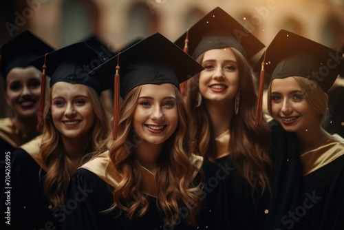 A group of graduates in graduation standing next to one another, in the style of vray tracing, anamorphic lens,  photo
