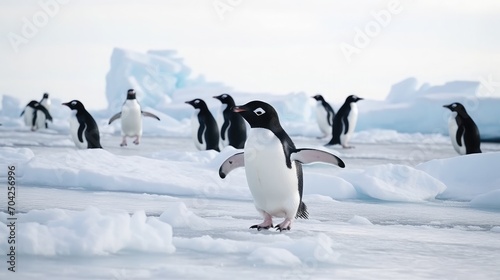 A group of little black and white penguins frolicking on the snow-covered shoreline, Medium Full, high speed continuous shooting, lridescent, 