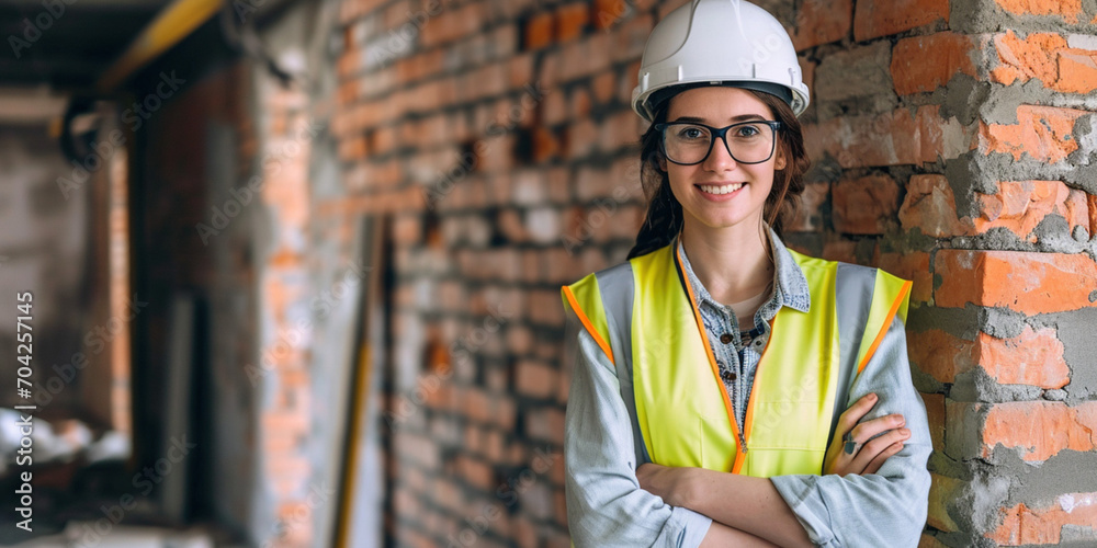 Portrait of smiling female building engineer construction worker ...