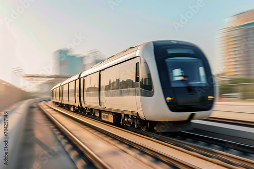 A modern train speeding through a city with skyscrapers in the background, exemplifying rapid urban transit.
