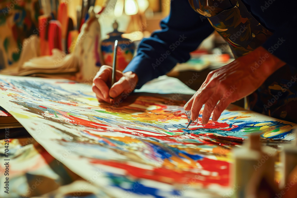 Obraz premium Close-up of an artist's hand painting vibrant colors on a canvas in a creative studio environment.