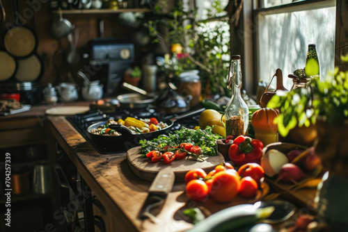 A warm, sunlit kitchen with fresh vegetables and herbs ready for cooking a healthy and delicious meal at home.