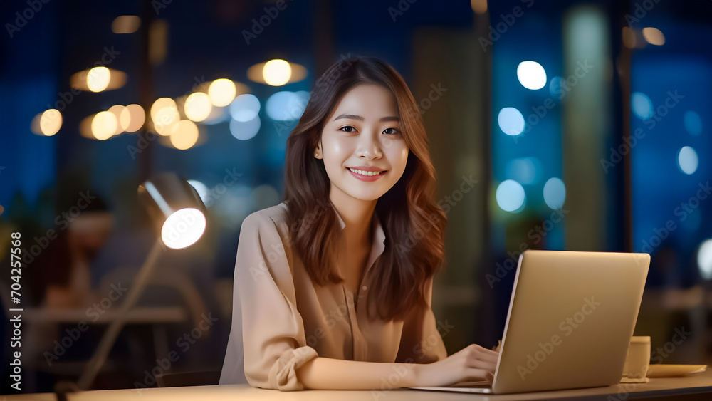 Asian office working girl with a radiant smile sits in front of her laptop computer, immersed in work, against a soothing blue turquoise background. generative AI. Asian office working girl with a radiant smile sits in front of her laptop computer, immersed in work, against a soothing blue turquoise background. generative AI.