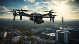 Closeup of a unmanned spy drone with cameras flying over a city. Dramatic light.