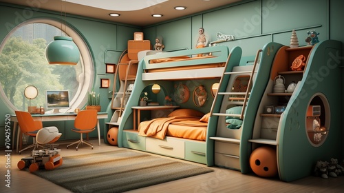 Futuristic bedroom interior design with bunk bed and large round window photo