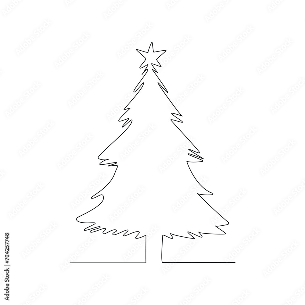 Christmas tree in continuous single line art outline easy drawing ...