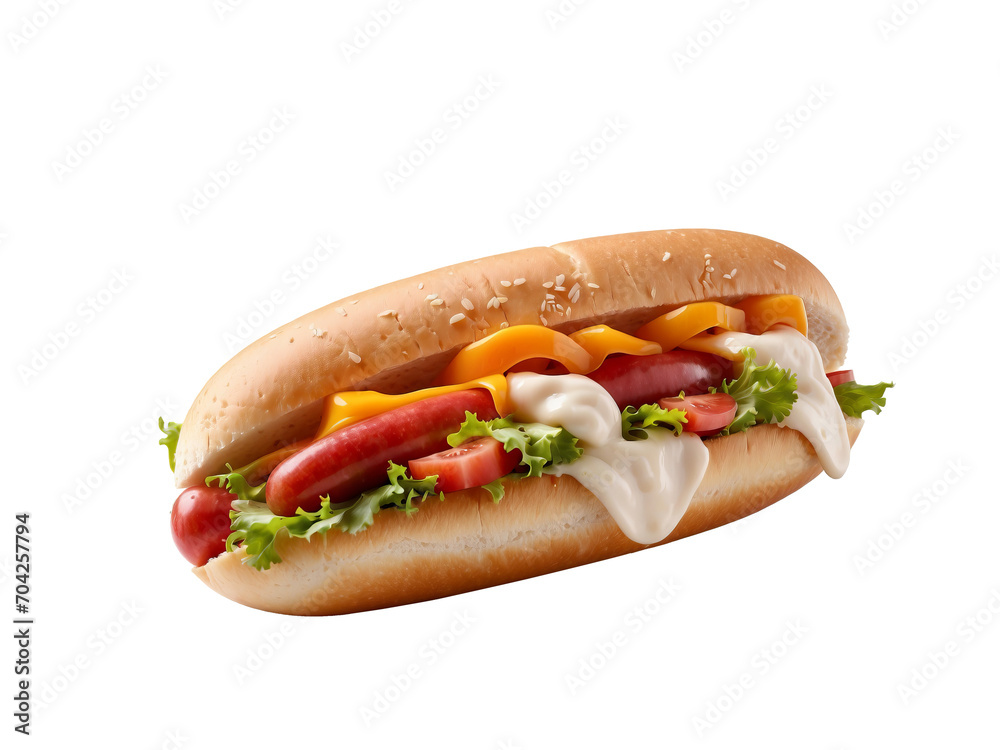 Delicious hot dog with ketchup and mustard, isolated on white background Delicious hot dog with ketchup and mustard, isolated on white background