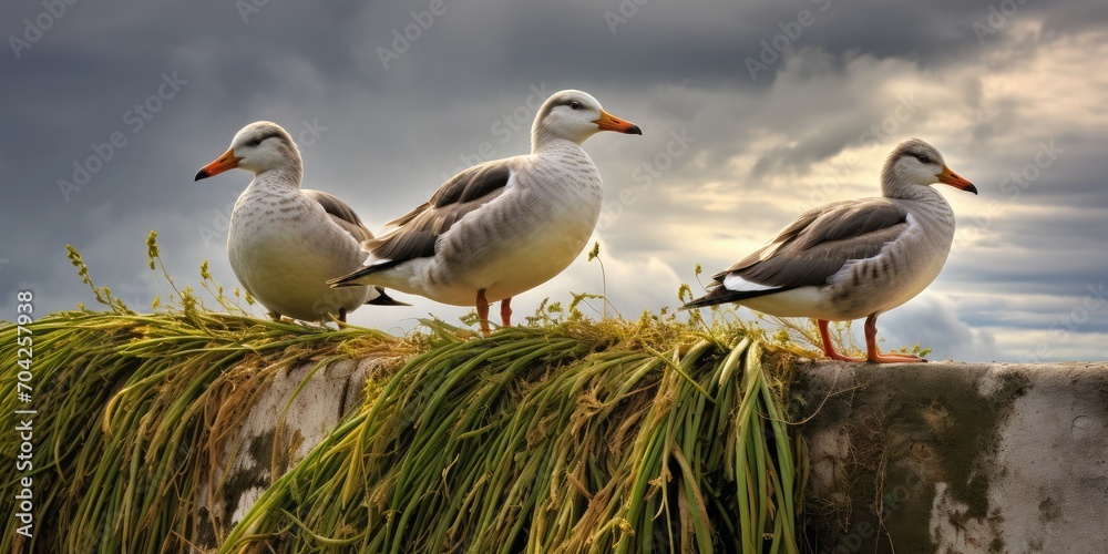Birds stand on top of grass, in the style of norwegian nature, hdr, wimmelbilder, polished concrete, dutch marine scenes, duckcore, close-up intensity Birds stand on top of grass, in the style of norwegian nature, hdr, wimmelbilder, polished concrete, dutch marine scenes, duckcore, close-up intensity