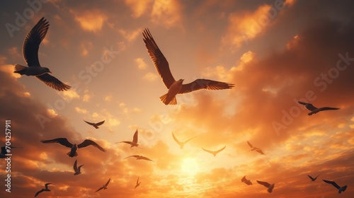 Birds are flying in groups in the sky, and they communicate with each other, local light, romanticism, 8K, HDR