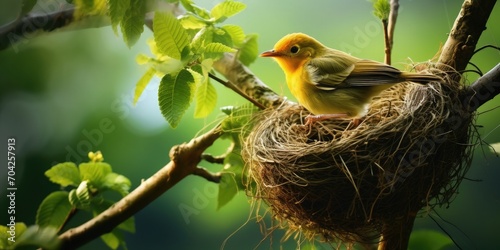 Beautiful forest A bird's nest on the branch of a big tree A big bird feeding a small bird Wallpaper © sambath