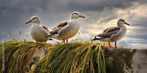 Birds stand on top of grass, in the style of norwegian nature, hdr, wimmelbilder, polished concrete, dutch marine scenes, duckcore, close-up intensity photo
