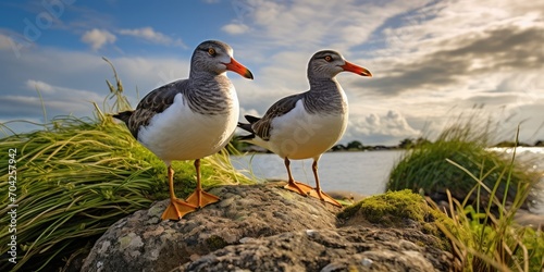 Birds stand on top of grass, in the style of norwegian nature, hdr, wimmelbilder, polished concrete, dutch marine scenes, duckcore, close-up intensity photo