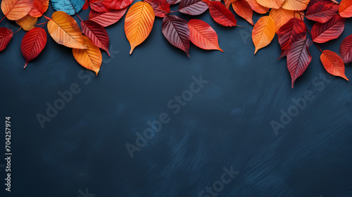 Autumn background with colored red leaves on blue slate background. ai generative