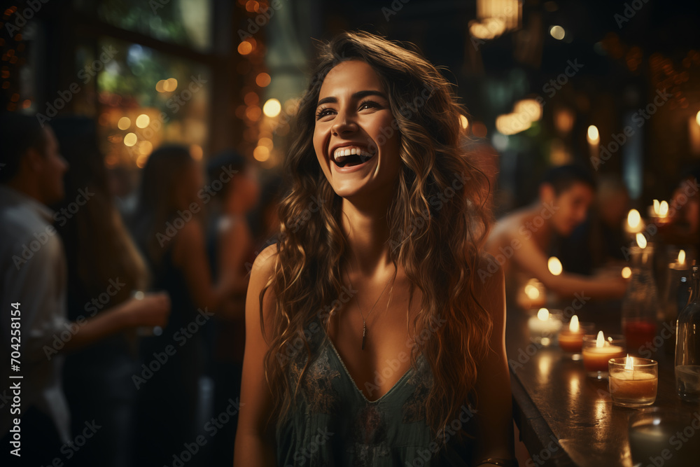 Joyful young woman with long wavy hair, laughing and enjoying herself at a bar with dim lighting and candles on the tables, indicate a lively social atmosphere.