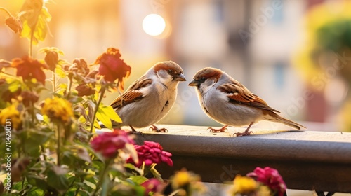 Cute sparrows, latest Canon EOS R5 full size DSLR camera, EF 24-70mm F2.8L II USM standard zoom lens used Iris Wu, famous photographer, large copy space in center,  photo