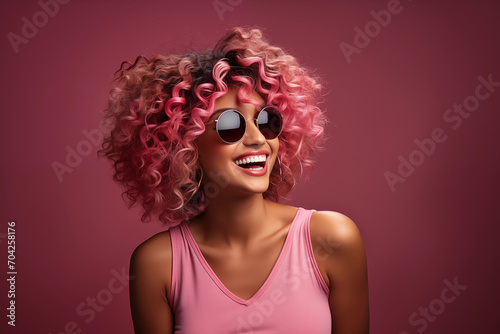 joyful African American woman with vibrant pink curly hair and sunglasses, laughing and looking away, with a pink background complementing her lively style.