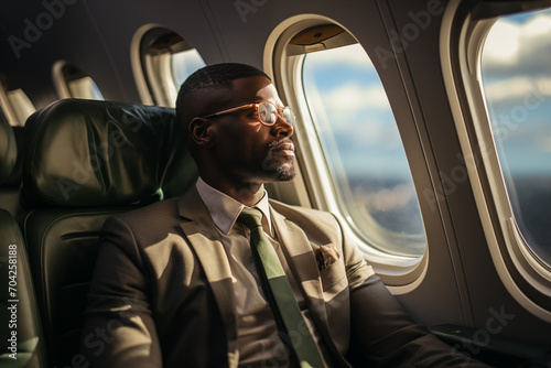 African American man in a suit, sitting contemplatively by the airplane window, with sunlight highlighting his thoughtful expression during a flight.
