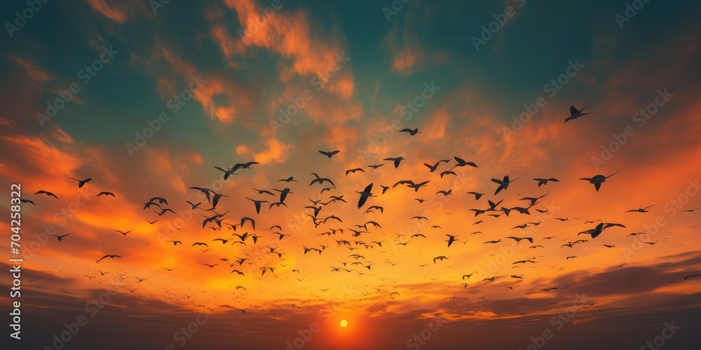 It is sunset and a flock of birds is flying across the orange sky, abstract photography, colorism, 8K, hyper quality - obrazy, fototapety, plakaty 