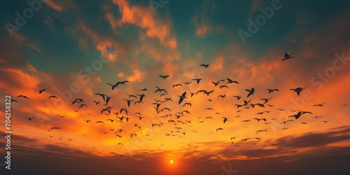 It is sunset and a flock of birds is flying across the orange sky, abstract photography, colorism, 8K, hyper quality © sambath