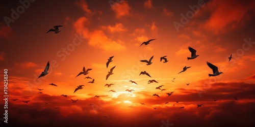 It is sunset and a flock of birds is flying across the orange sky, abstract photography, colorism, 8K, hyper quality