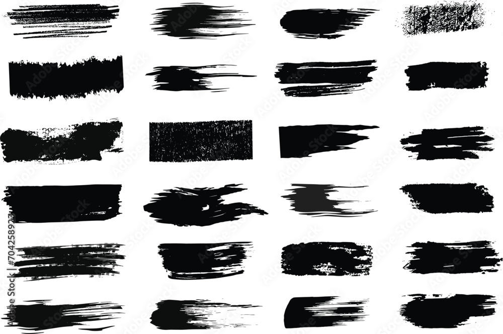 Bundle of blot, ink brush strokes. rectangle, texture, Ink splatters, grungy painted lines, artistic design. Vector paintbrush set.