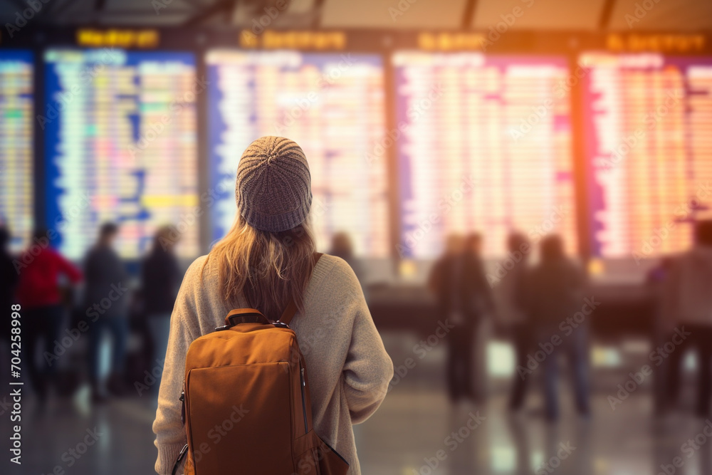 Fototapeta premium Woman travel at aiport with flight schedule board background
