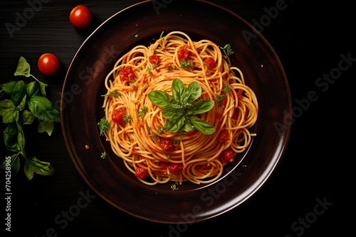 Top view of spaghetti food on dish with black table background