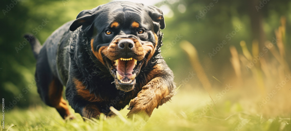 Obraz premium Strong rottweiler dog in the field in training, Aggressive Rottweiler pulling very hard towards, Animal Clinic, Pet check up and vaccination rabies concept.