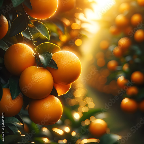 Sun-kissed Ripe Oranges Hanging on the Tree