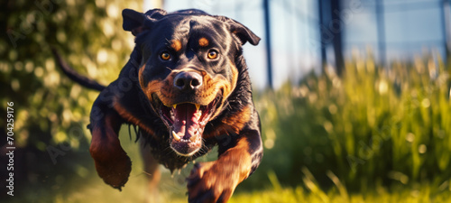Strong rottweiler dog in the field in training, Aggressive Rottweiler pulling very hard towards, Animal Clinic, Pet check up and vaccination concept.