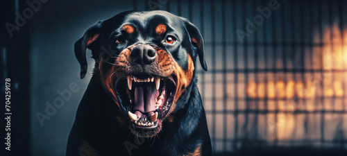 Strong rottweiler dog in the field in training, Aggressive Rottweiler pulling very hard towards, Animal Clinic, Pet check up and vaccination concept. photo