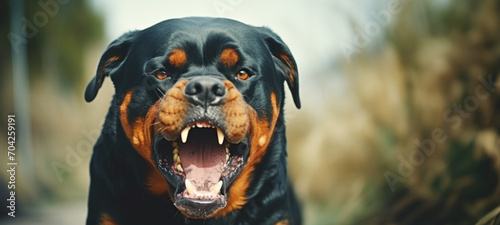 Strong rottweiler dog in the field in training, Aggressive Rottweiler pulling very hard towards, Animal Clinic, Pet check up and vaccination concept. photo