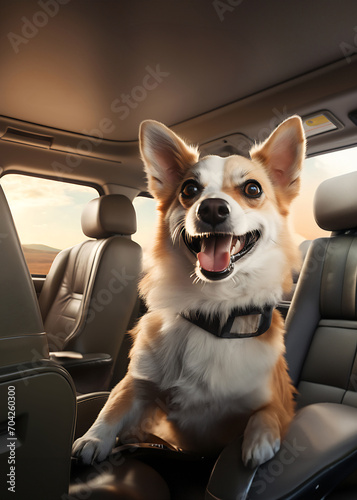 Travelling with your dog in the car. The dog rides in the car sitting on the passenger seat and looking forward.