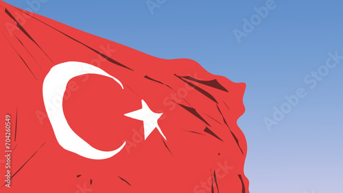 Bold vector illustration of the Turkish flag waving against a clear blue sky, symbolizing national pride and significant patriotic days. photo