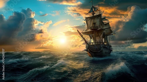 a pirate ship sailing in the middle of the sea with a beautiful sunset view. seamless looping time-lapse virtual video Animation Background.	 photo