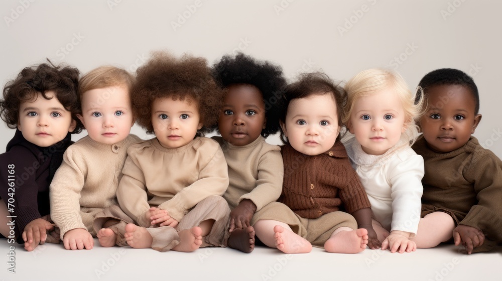 A multiethnic group of toddlers are sitting on the floor on a beige background and looking at the camera. Professional photo shoot, portrait of children of different nationalities and races. A multiethnic group of toddlers are sitting on the floor on a beige background and looking at the camera. Professional photo shoot, portrait of children of different nationalities and races.
