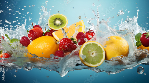 A picture of fruit and water splashing with a blue background. Ai generative