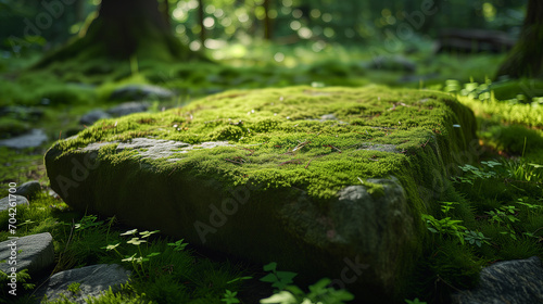Beautiful bright green moss grown up cover the rough stones in the forest, for product display mockup background
