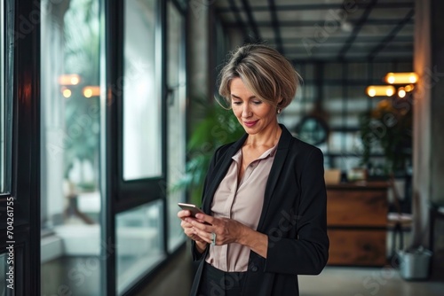 Busy mature elegant business woman model or mid age holding smartphone looking at cellphone standing in office. Middle aged female executive using cell phone digital tech device, Generative AI 