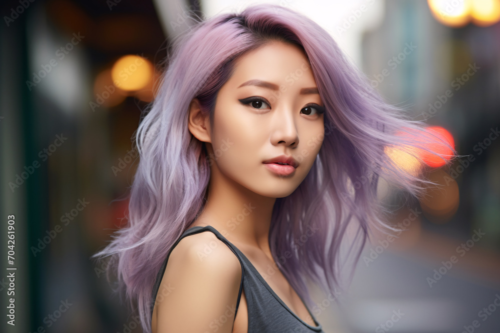 Attractive young Asian woman with lilac colored hair in street