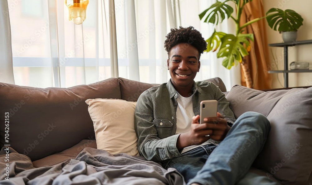 Smiling young African American guy sitting on couch using phone. Happy relaxed gen z teen at home holding cellphone chatting in mobile apps on cell phone in modern living room, Generative AI  - obrazy, fototapety, plakaty 