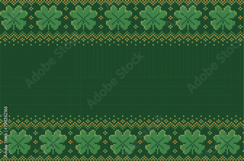 Green St. Patrick's Day banner knit texture with four leaves clover. Vector illustration.