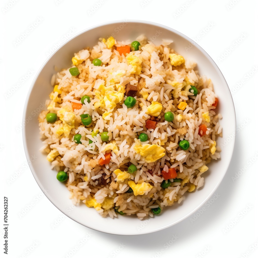 top view close up of Egg Fried Rice isolated on a white background top view close up of Egg Fried Rice isolated on a white background