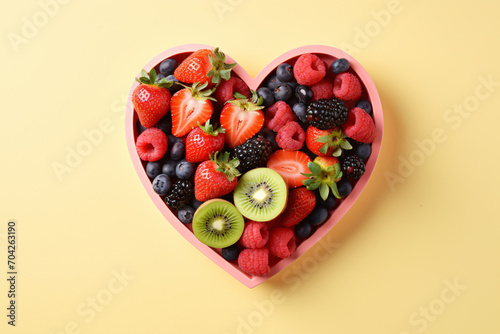 Heart shaped bowl with berry fruit mix on yellow background
