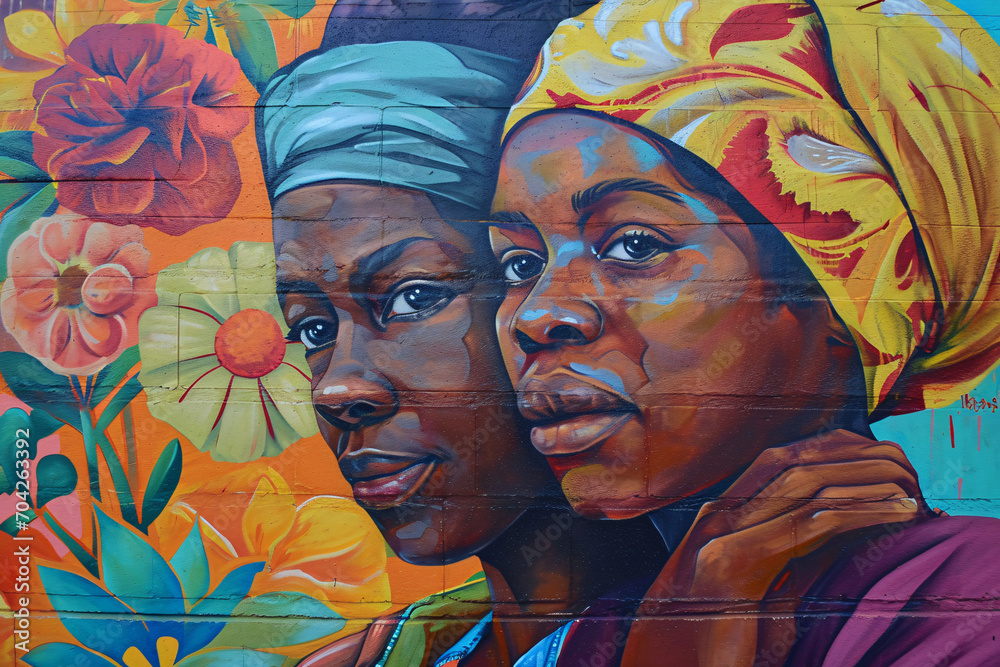 Colorful wall painting of two Afro-American women decorated with flowers