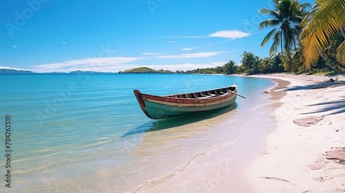 A wooden boat sits on the shore of a tropical beach with palm trees and turquoise waters