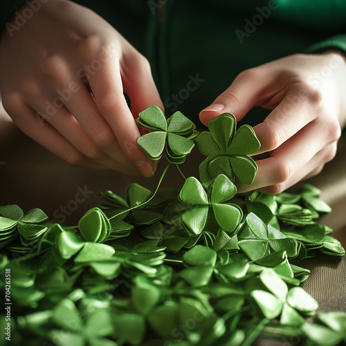 A Close up of Hands Making Shamrocks from Ribbons for St. Patrick's Day