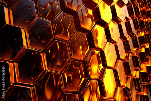 黒色とオレンジ色の六角形の背景パターン 3D レンダリング,Black and orange hexagonal background pattern 3D rendering,Generative AI 
