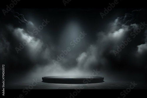 White stage with spot lighting and fog in black background